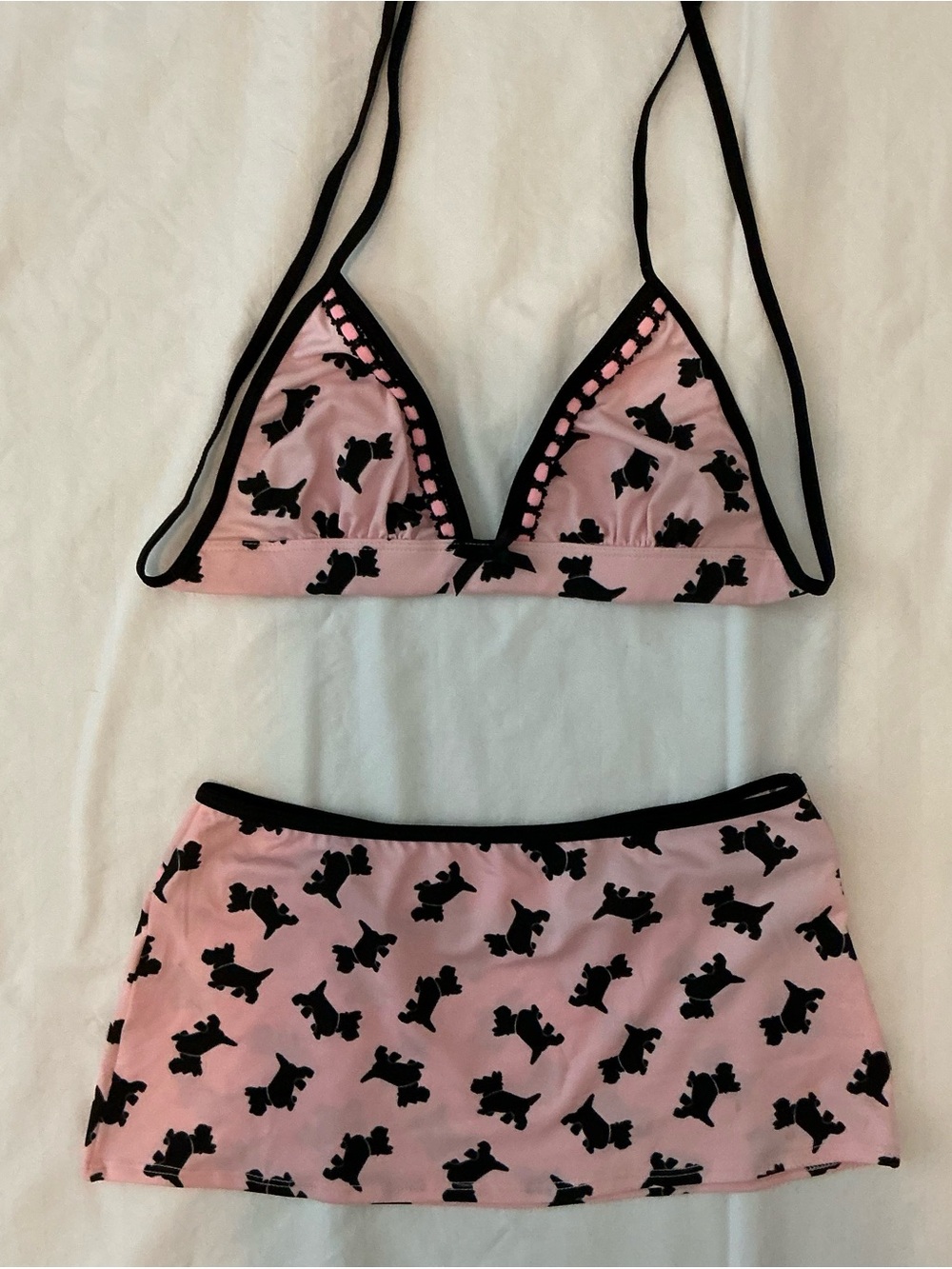 Pink Triangle Bra and Skirt Set with Black Scotty Dog Print